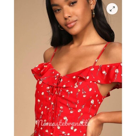 Nwt Lulu's Boho Red Floral Off-the-Shoulder Maxi Dress - Picture 4 of 15
